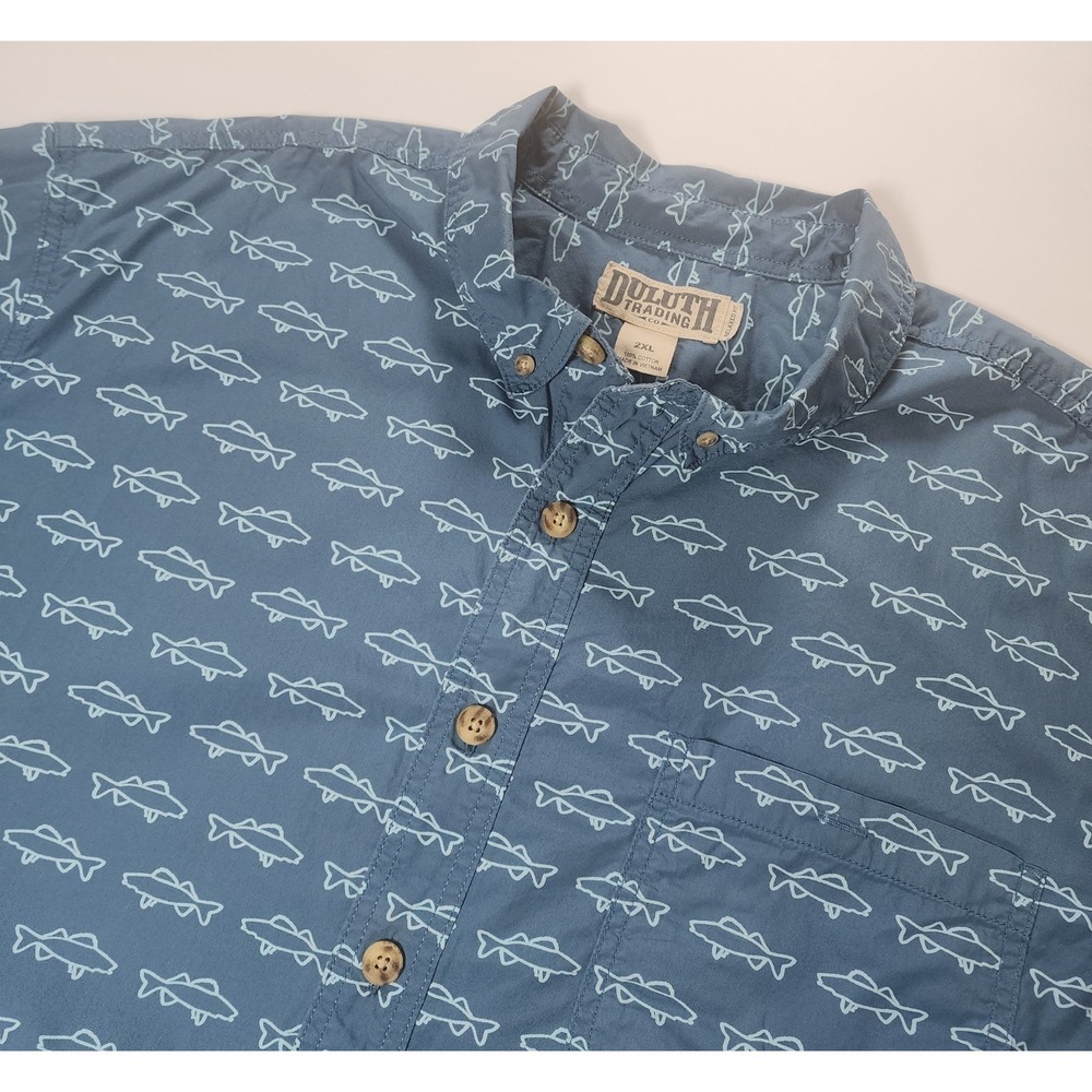 Duluth Trading Shirt Men's 2XL Blue Fish All Over Print Short Sleeve Relaxed EUC